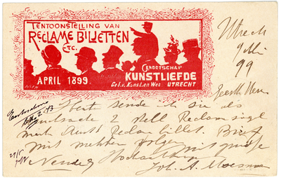 606517 Briefkaart met een aankondiging voor een tentoonstelling van Reclamebiljeten etc in april 1899 door het ...